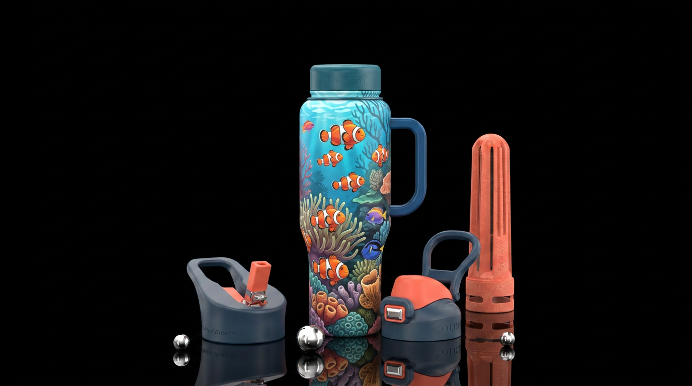 ocean, clownfish, vibrant, cartoon water bottle design