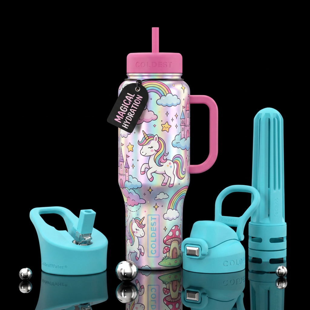 unicorn, cartoon, whimsical water bottle design