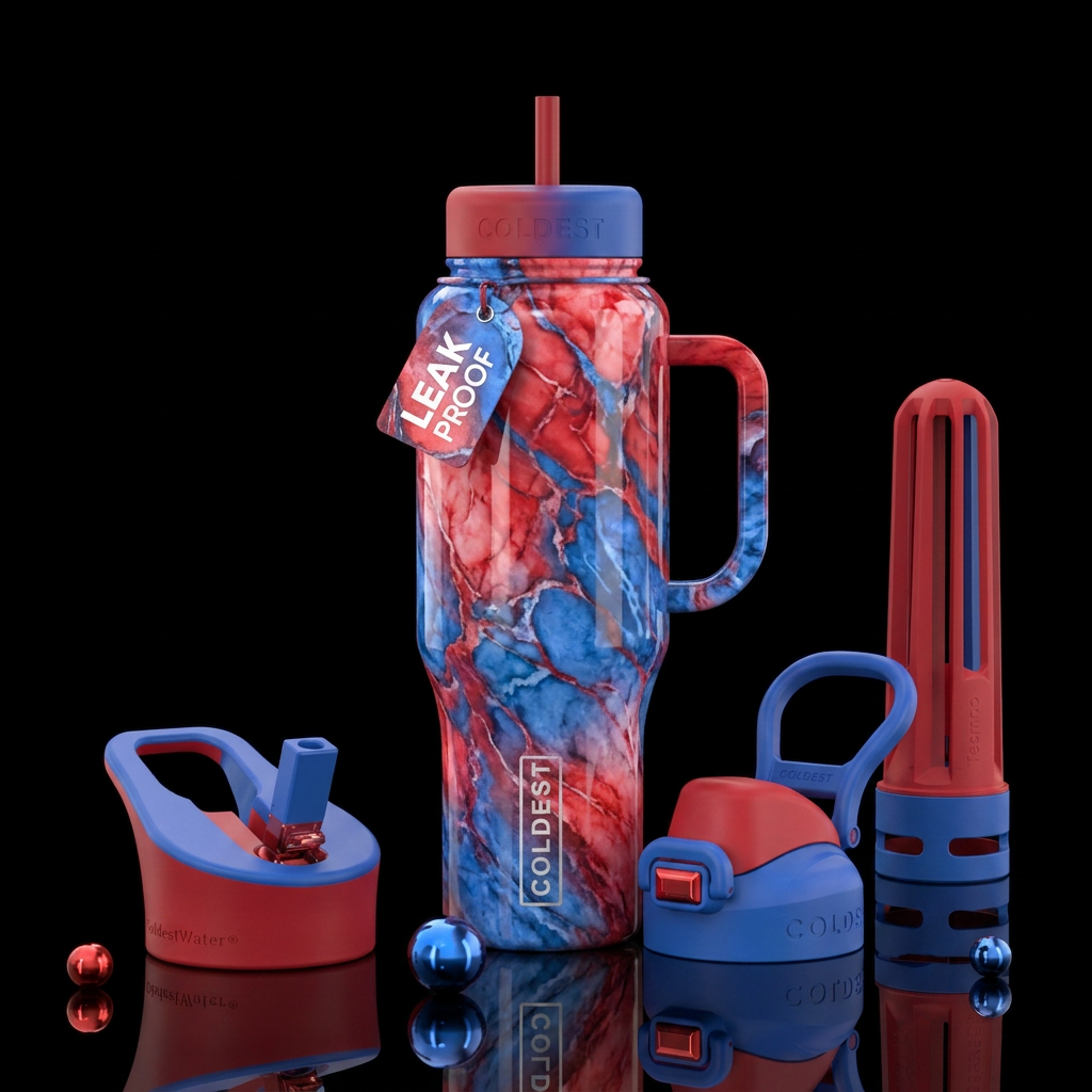 marble, red, blue water bottle design