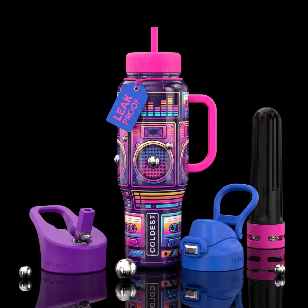 speaker, vibrant, retro 80s water bottle design