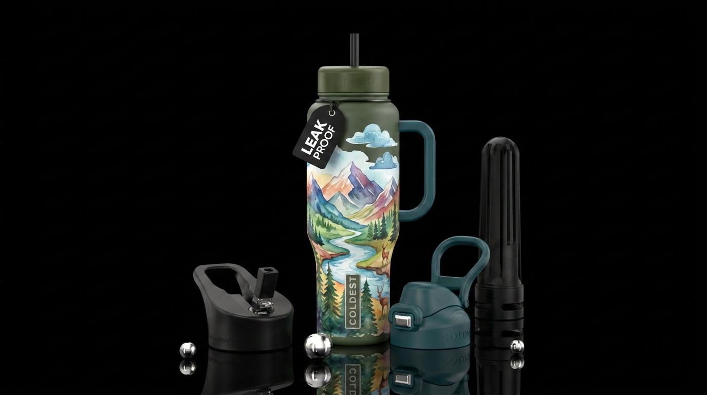 clouds, trees, mountains, river, deer, watercolor,... water bottle design