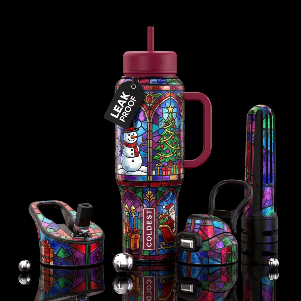 snowman, christmas tree, presents, santa, stained ... water bottle design