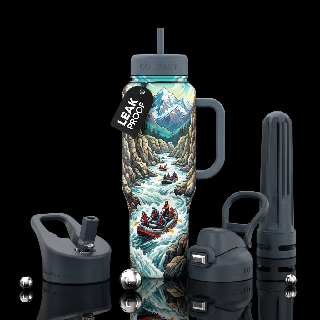 rushing rapids, rugged, rafts, mountain water bottle design
