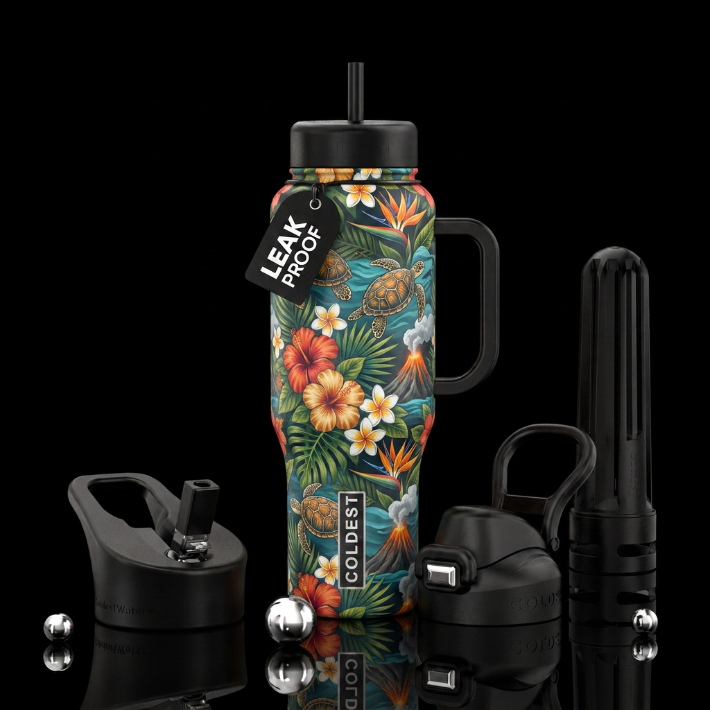 hawaiian, tropical flowers, sea turtles, volcano, ... water bottle design