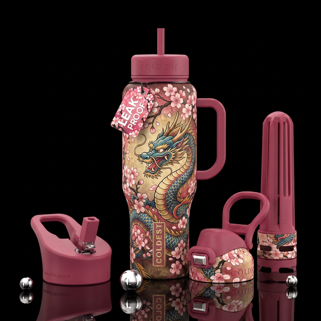 vintage, dragon, japanese, cherry blossoms water bottle design