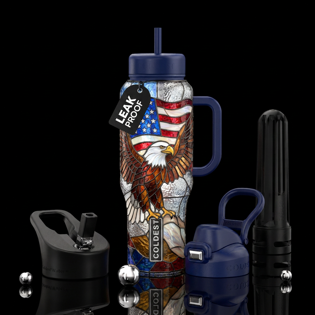 american flag, bald eagle, stained glass water bottle design