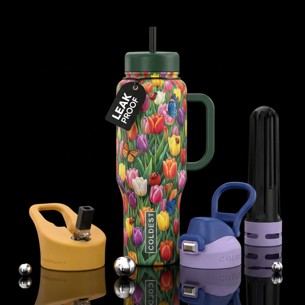 tulip fields, butterfly. ladybug, colorful, vibran... water bottle design