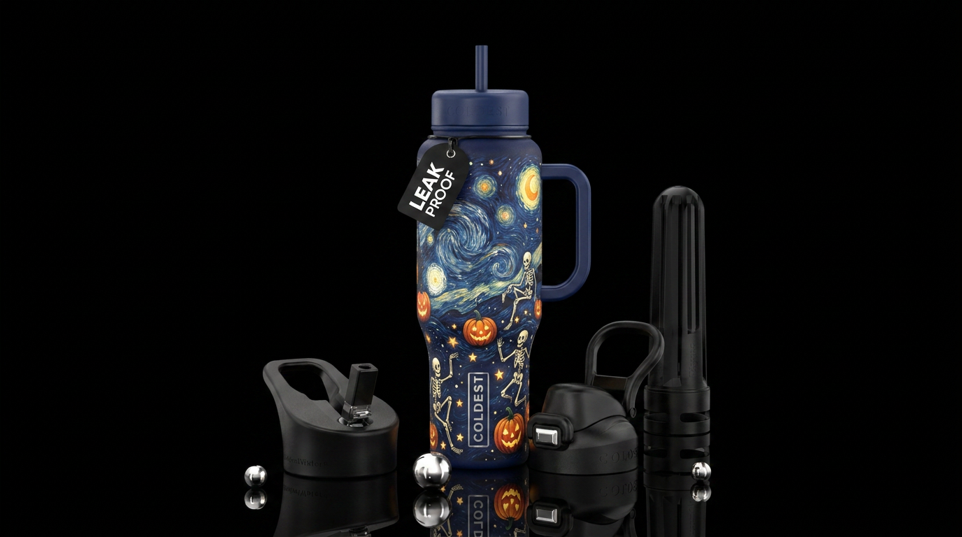 starry night, pumpkins, skeletons water bottle design