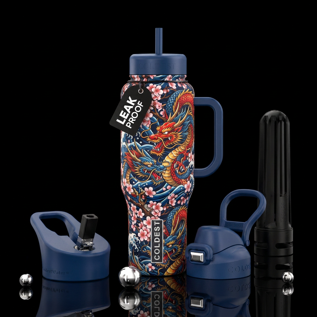 japanese, dragon, cherry blossom water bottle design