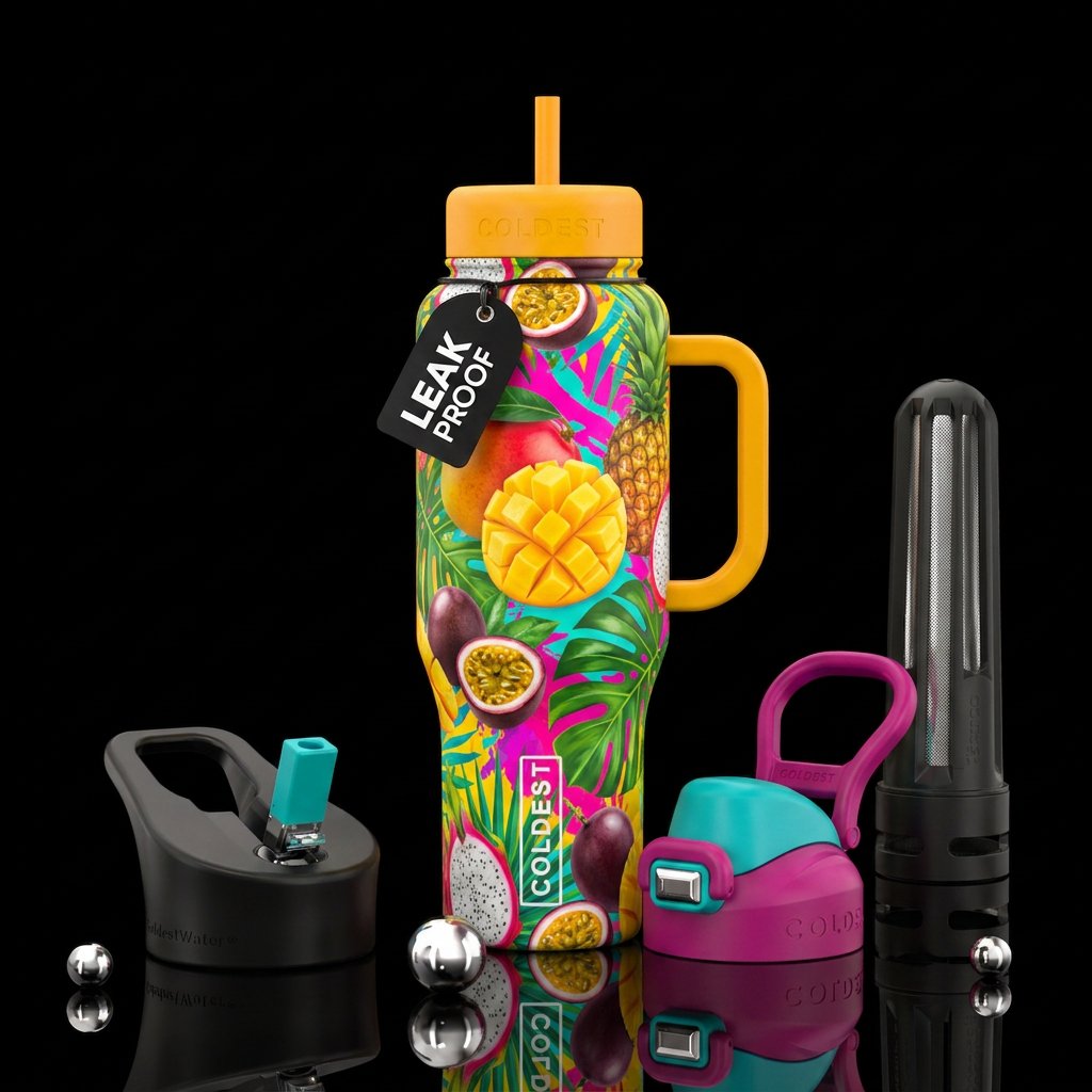 tropical fruits, abstract water bottle design