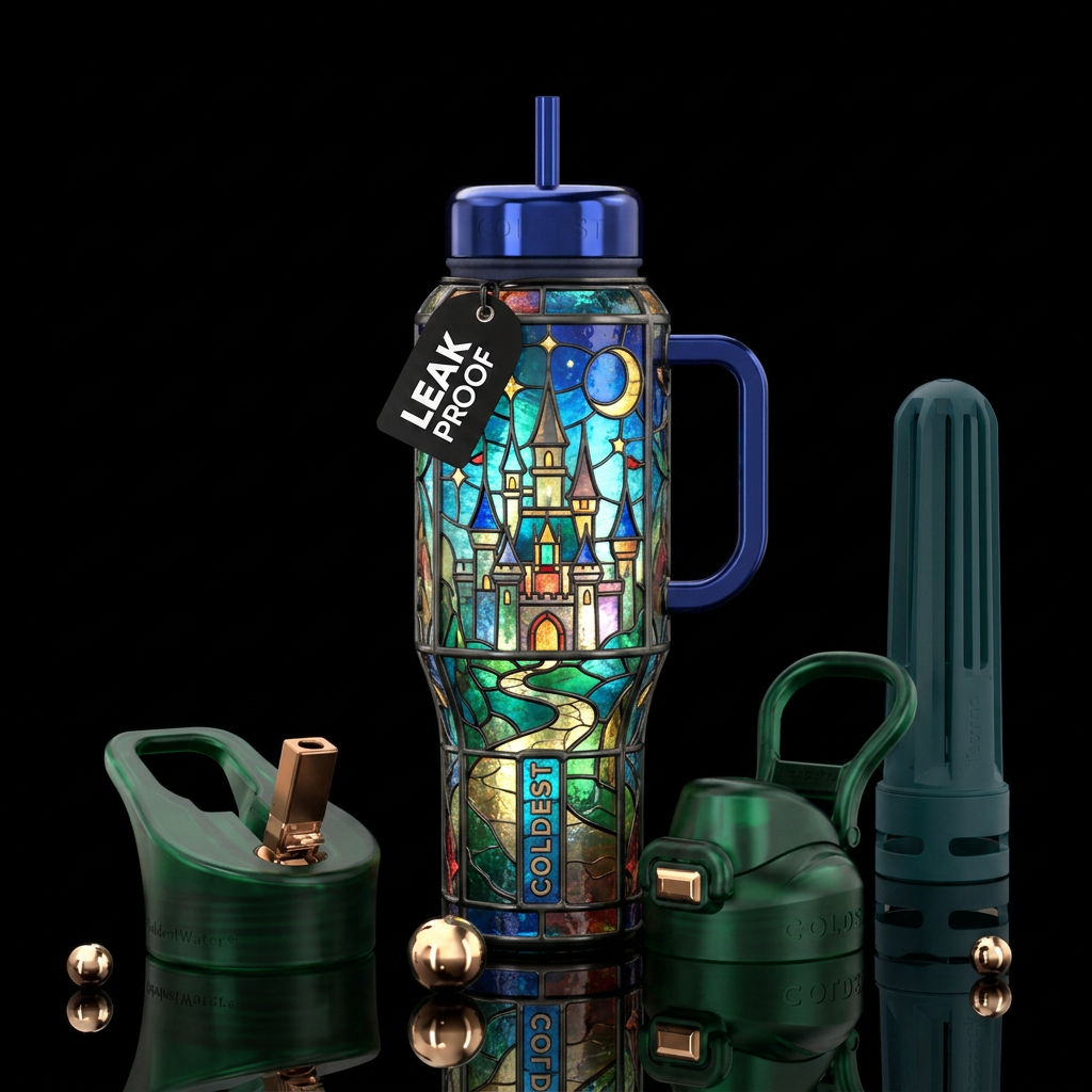 stained glass, castle, whimsical, magical water bottle design