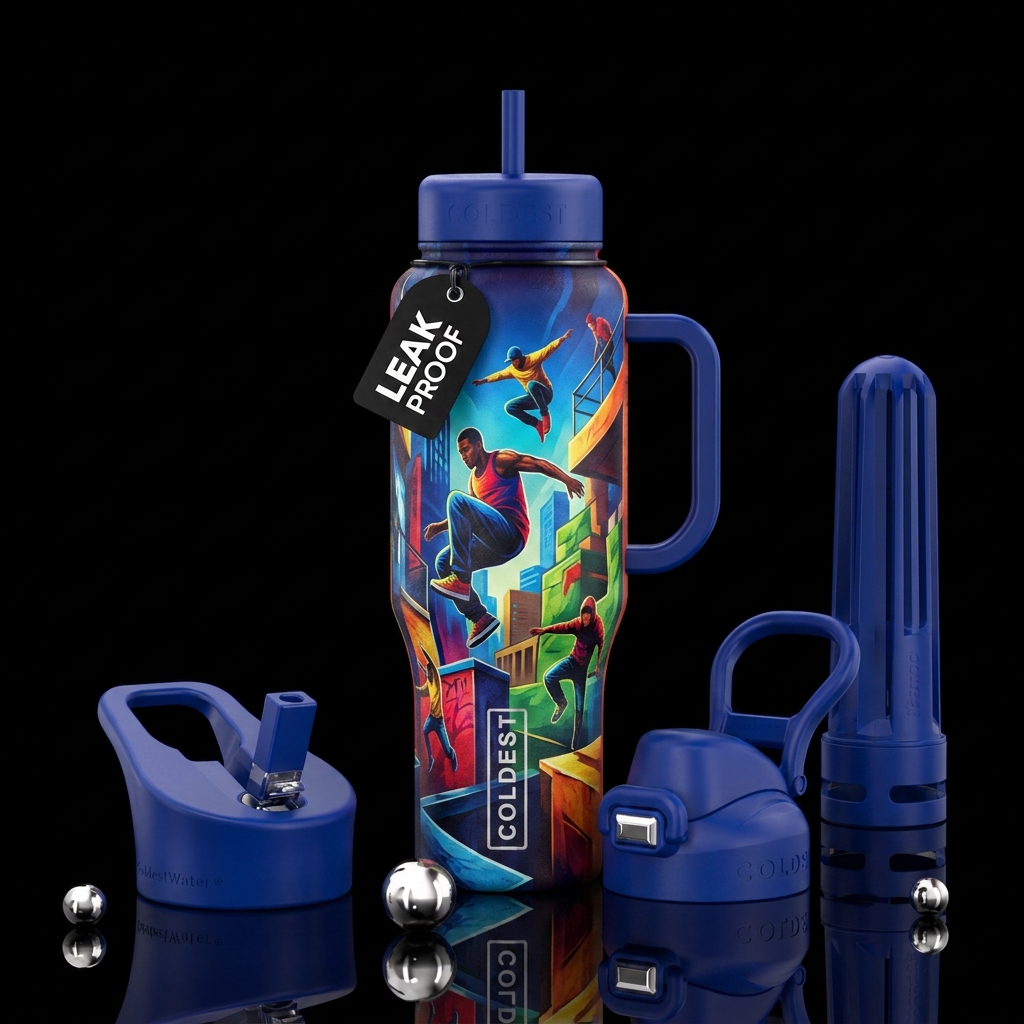 parkour, vibrant water bottle design