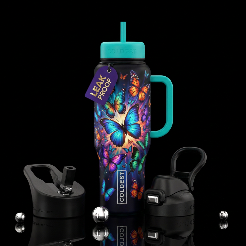 butterfly, artistic, explosive water bottle design