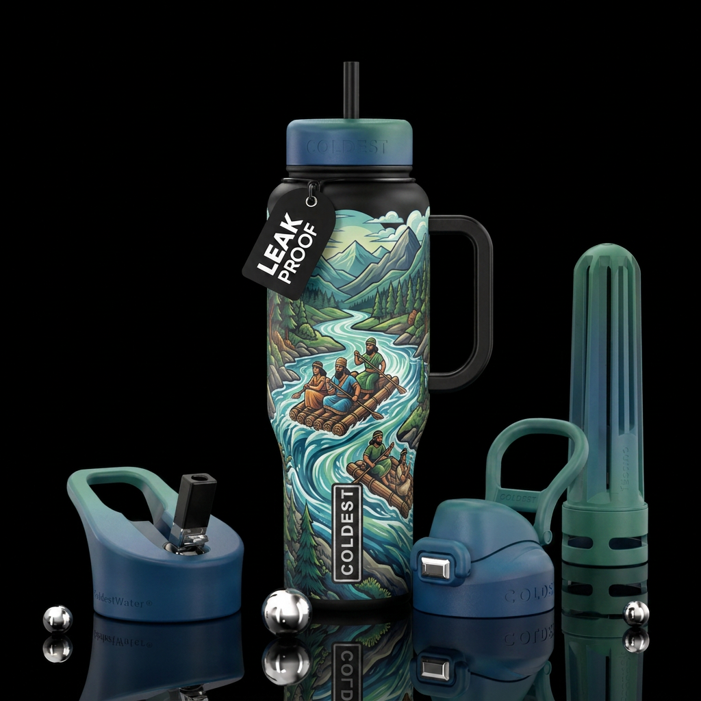 rushing rapids,  mountains forest, rafts, mesopota... water bottle design