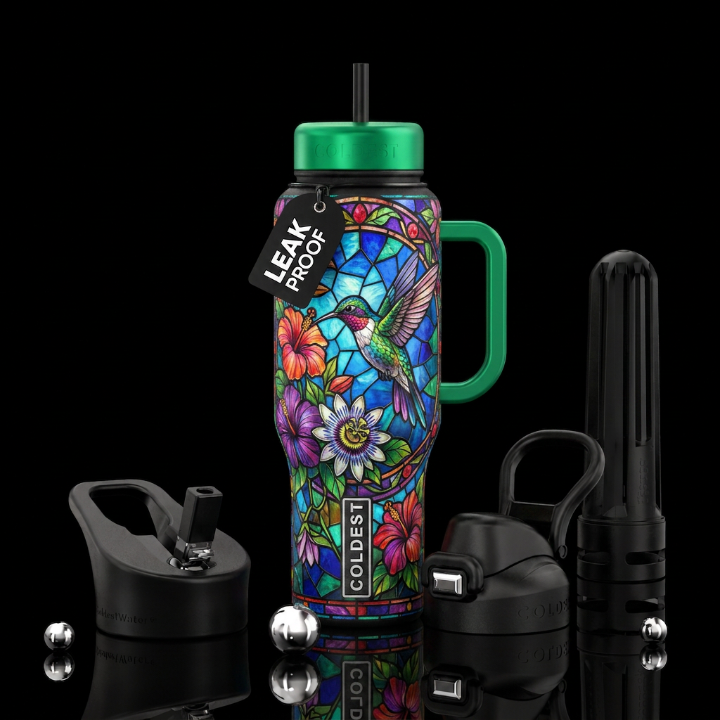 hummingbird, beautiul, vibrant. stained glass. flo... water bottle design
