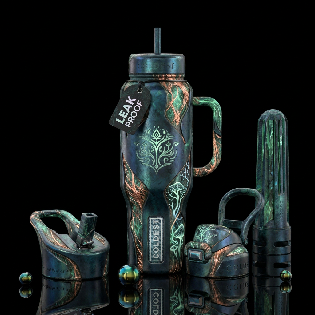 mysterious, solarpunk, mythical water bottle design