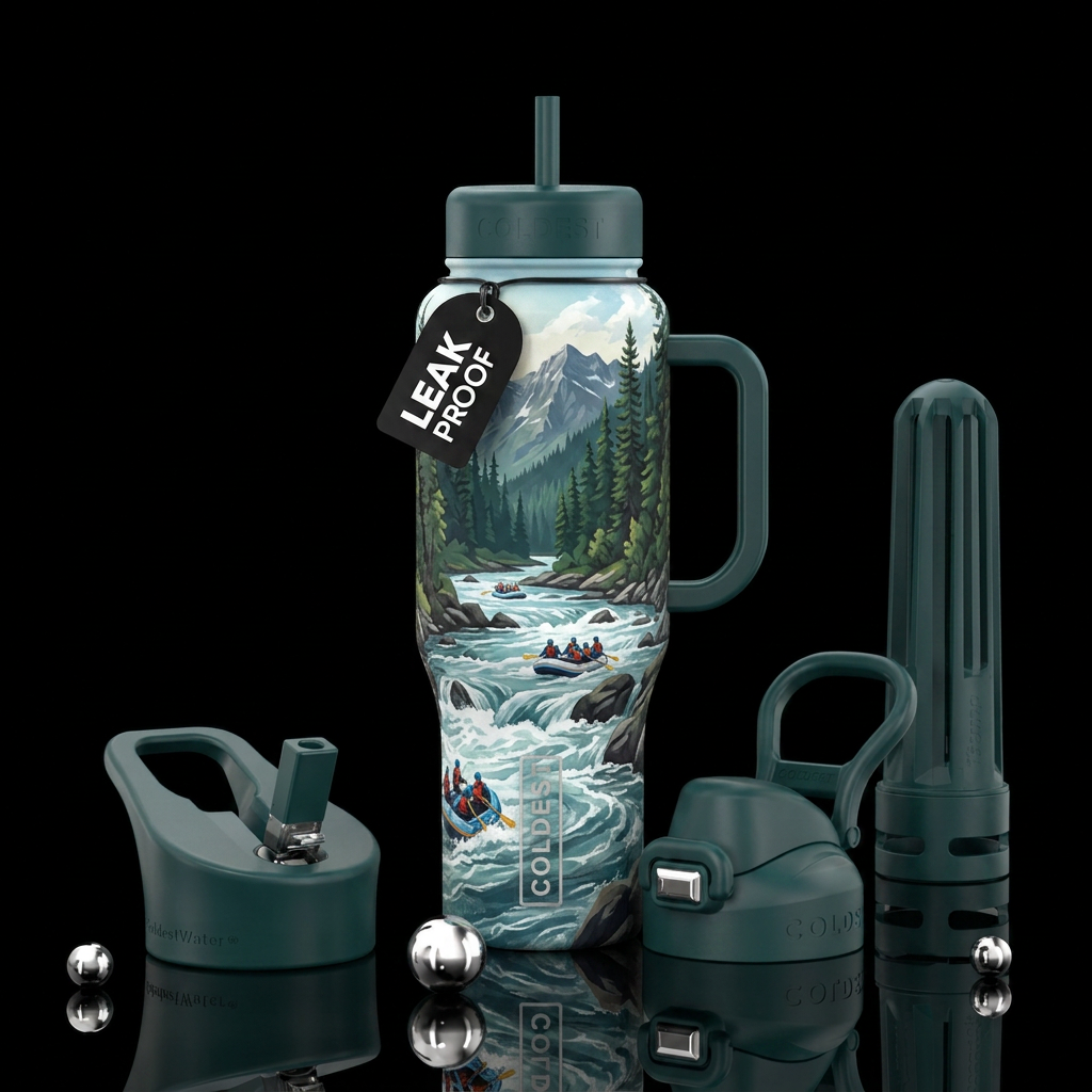 rushing rapids,  mountains forest, rafts water bottle design