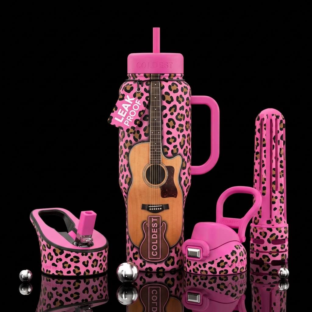 cheetah print, pink bottle,, guitar water bottle design