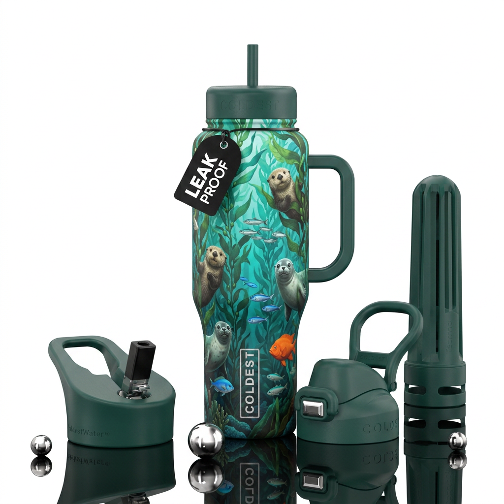 kelp forest. otters, seals, fish water bottle design