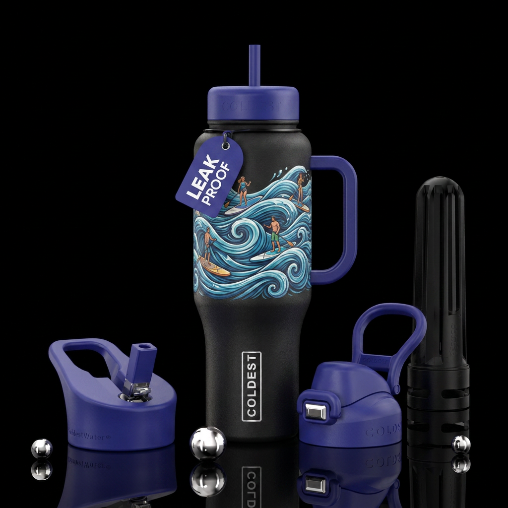paddleboarding, waves water bottle design