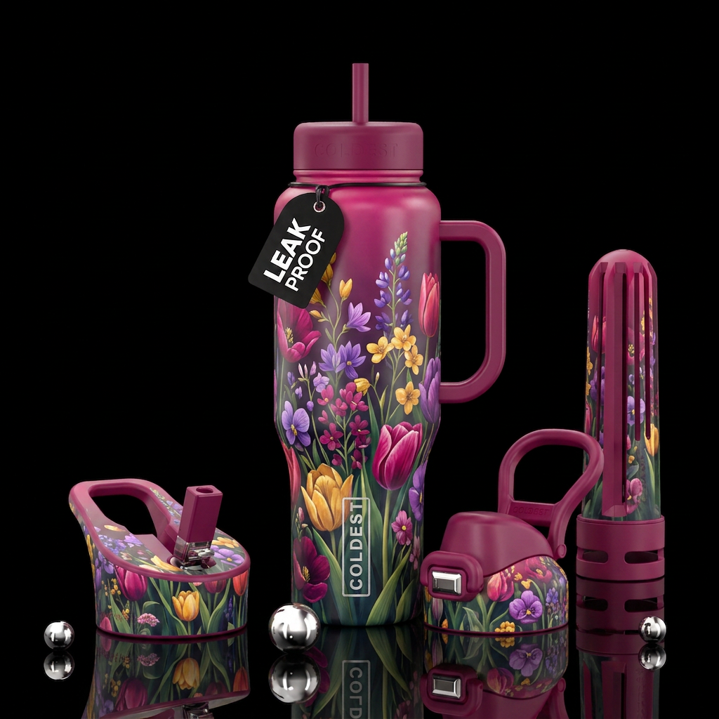 wild fowers, tulips, fields water bottle design