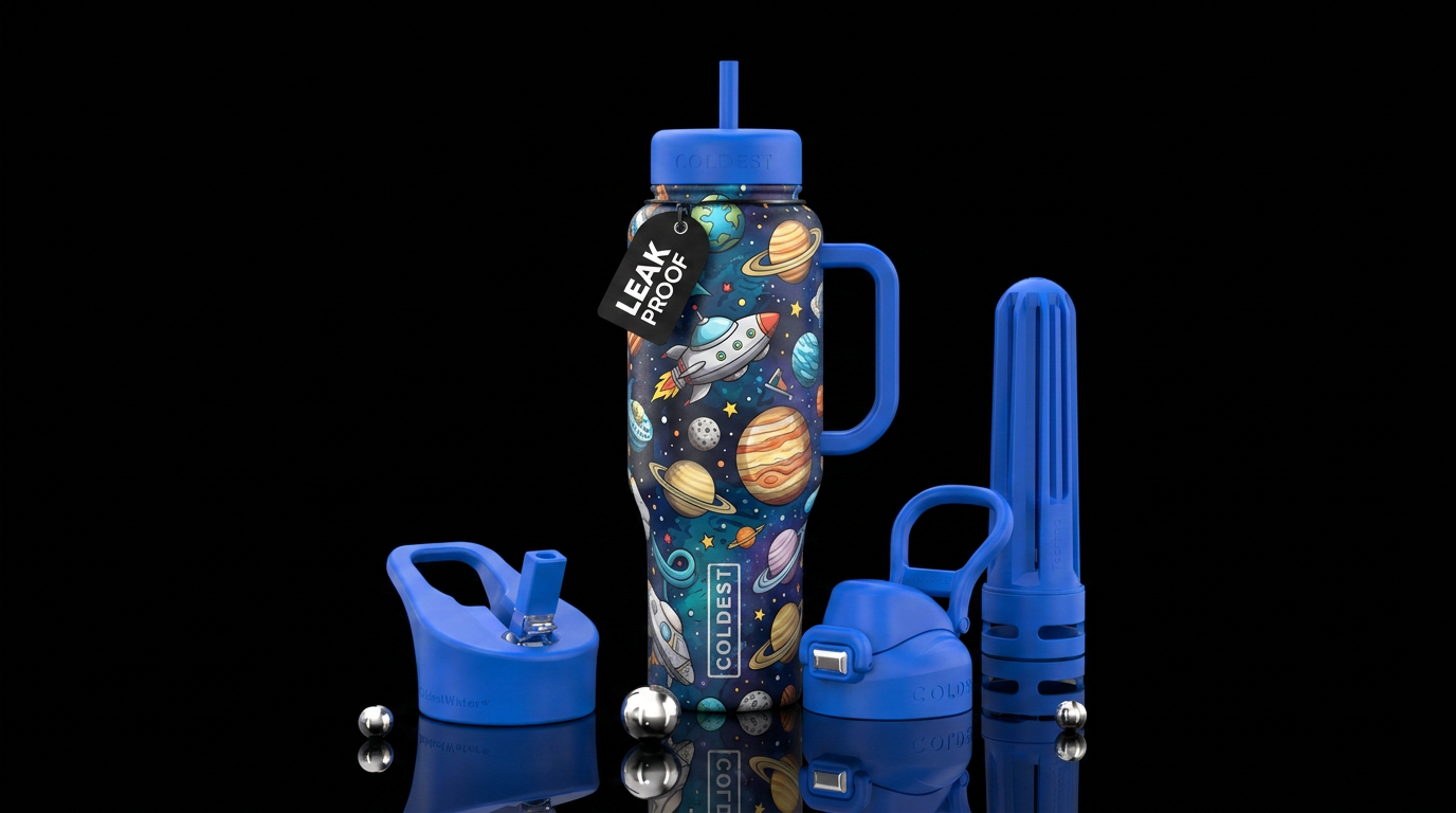 spaceship, space, planets, cartoon water bottle design