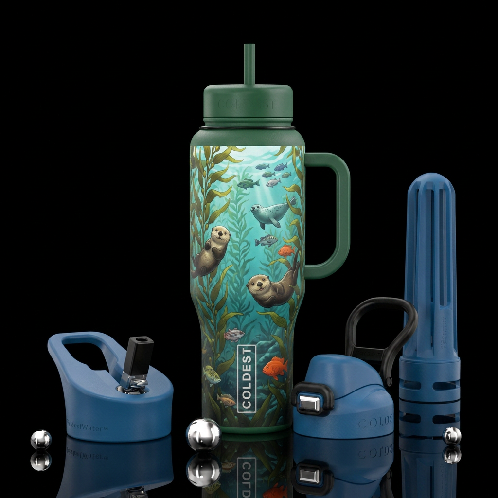 kelp forest, otters, seals, fish, cartoon water bottle design