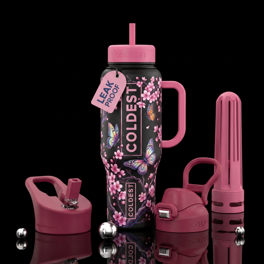 cherry blossom season, beautiul, vibrant, magical,... water bottle design