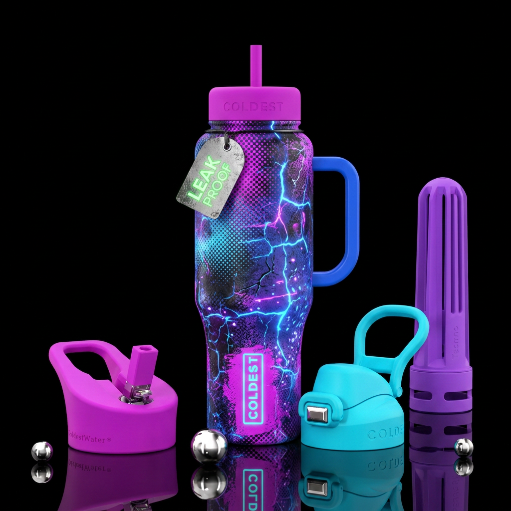 grunge rock, halftone, glowie water bottle design