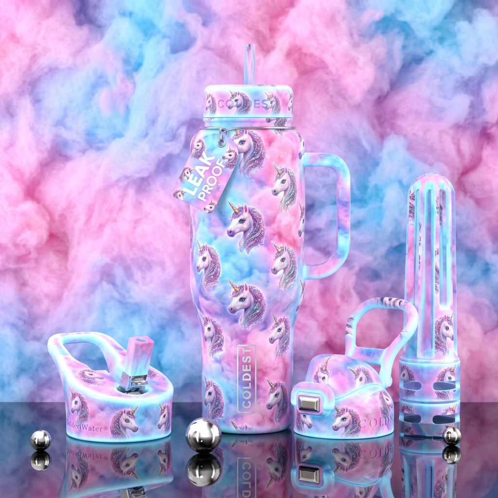 unicorn, cotton candy background, cartoon, glowie water bottle design