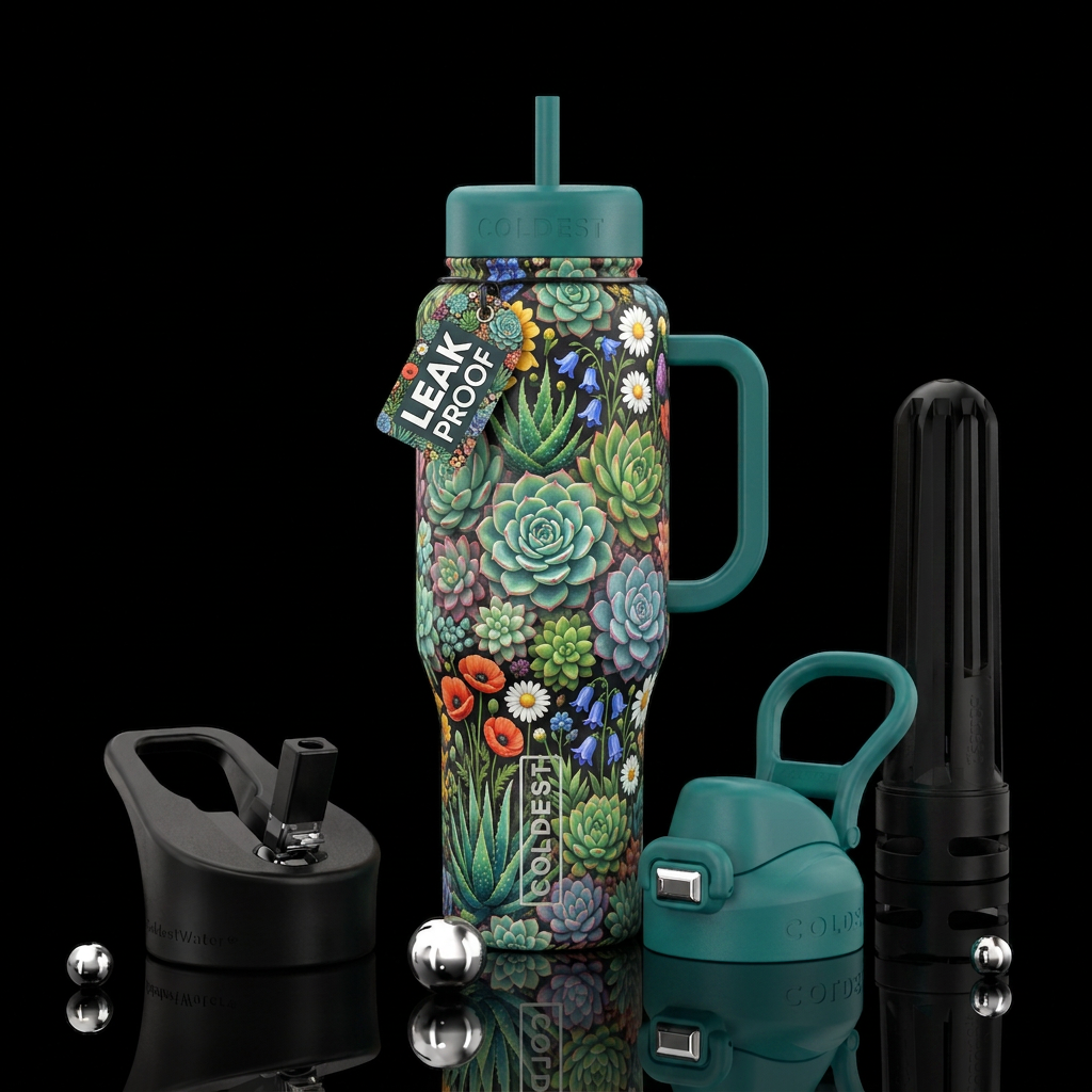 succulent, wild flowers, colorful, water bottle design