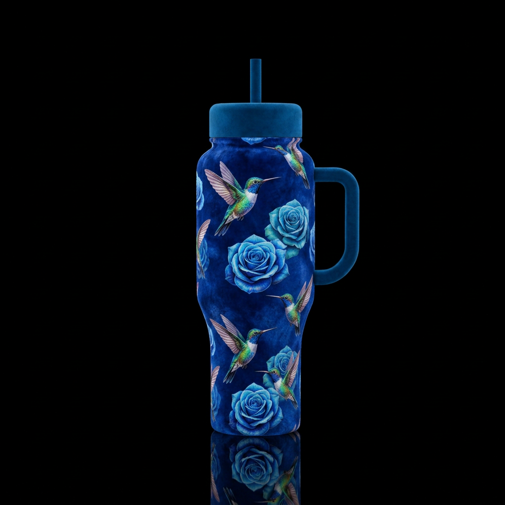 velvet finish, humming birds, blue roses, colorful water bottle design