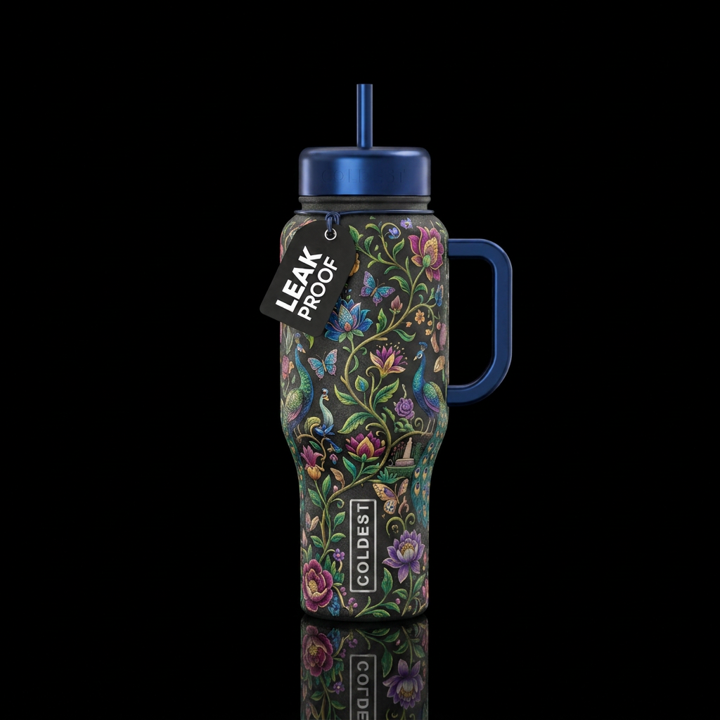secret garden, luxurious, whimsical water bottle design