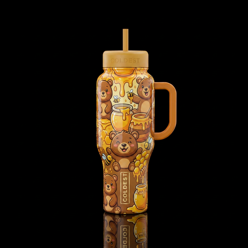 bears. honey. honey pots, bees, cartoon water bottle design