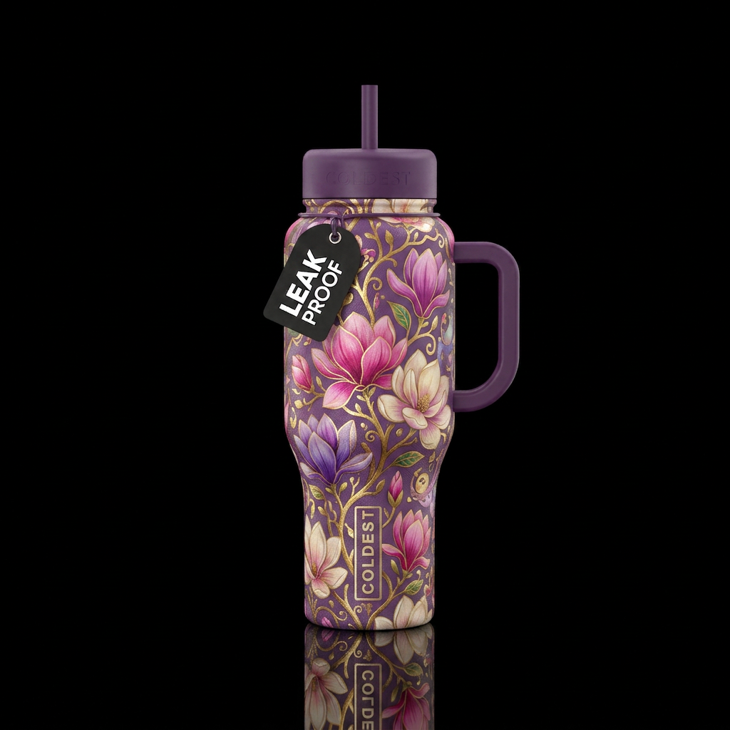 magnolia, vibrant, luxurious, whimsical water bottle design