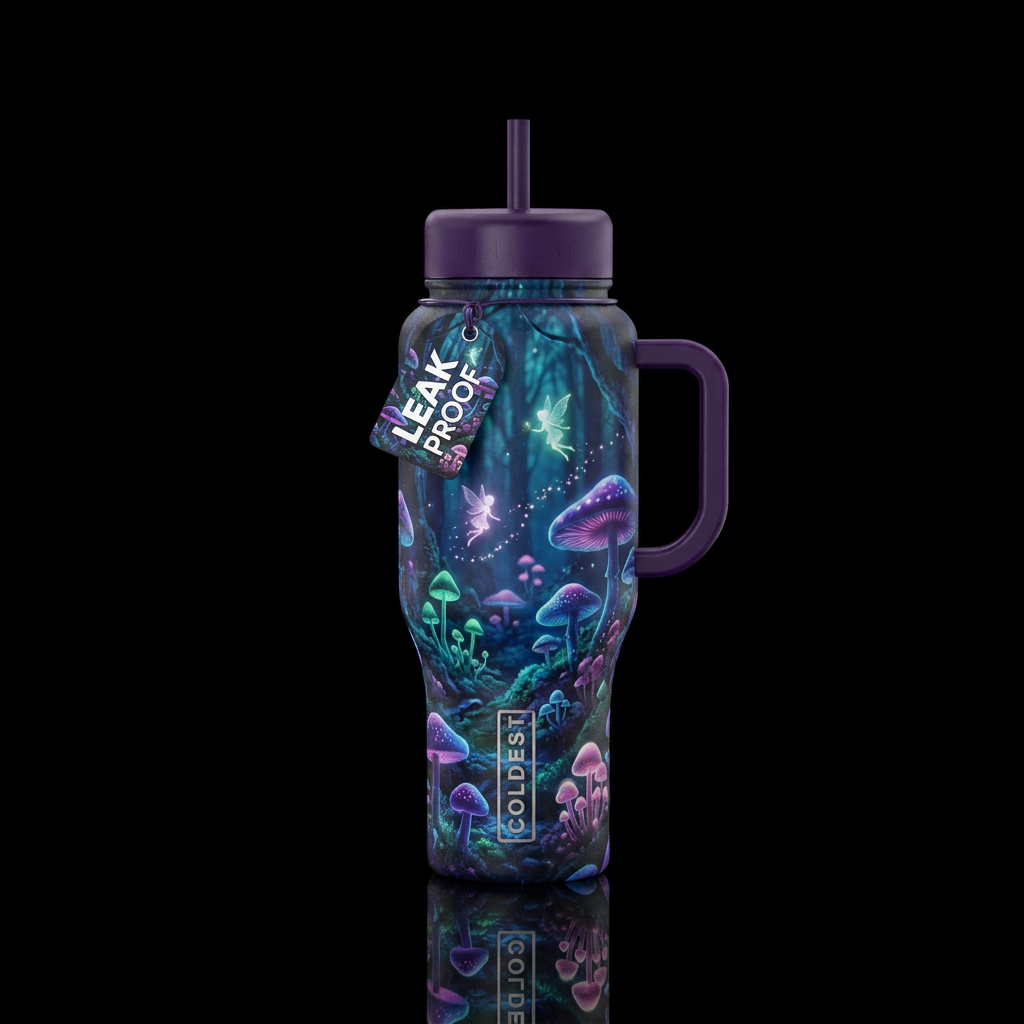 enchanted forest, mushroom. glowie, fairies water bottle design