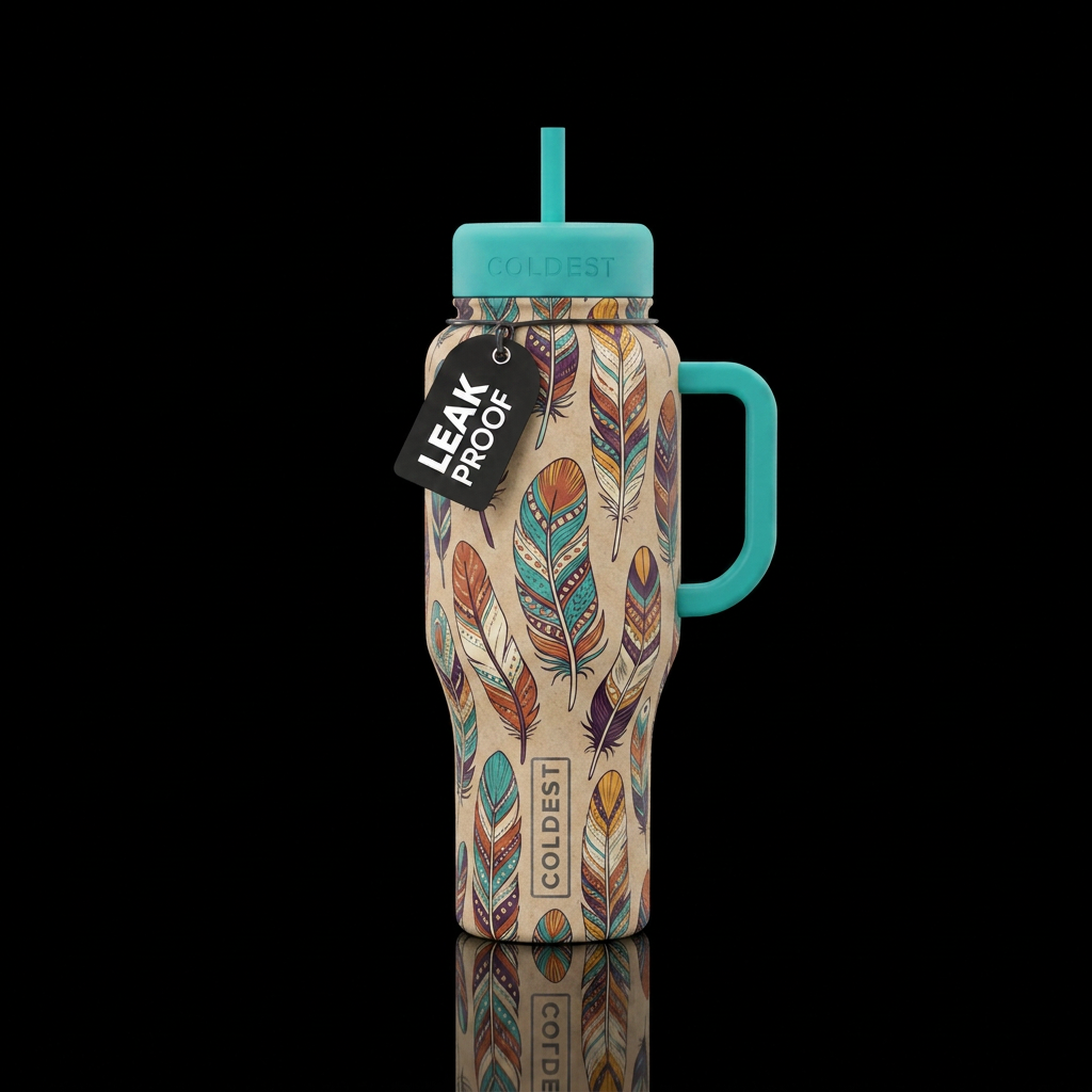 feathers, boho water bottle design