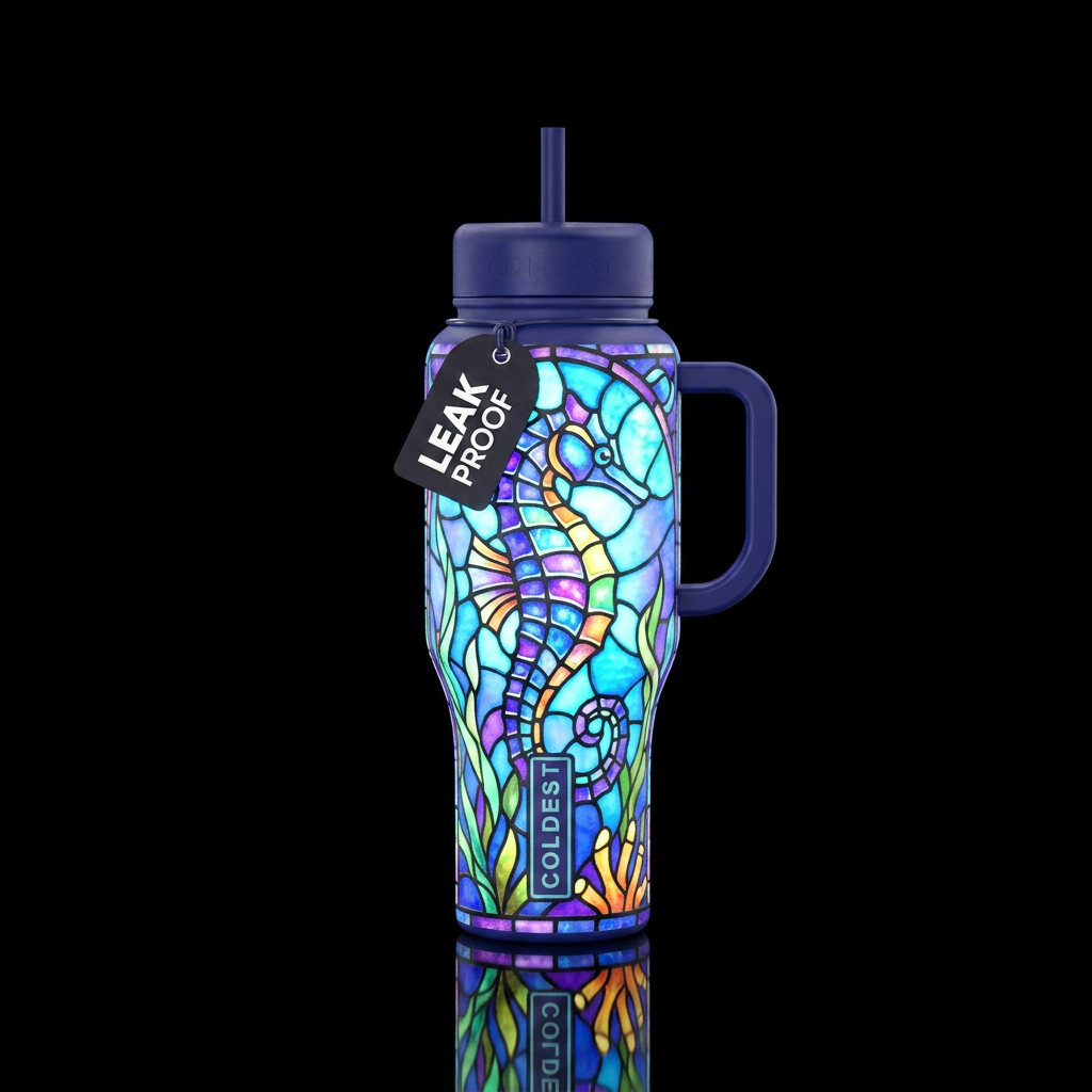 seahorse, glowie, stained glass water bottle design