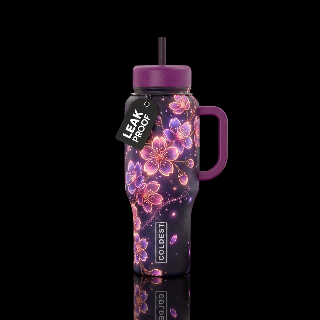 cherry blossom, glowie, beautiul, vibrant, fantasy water bottle design