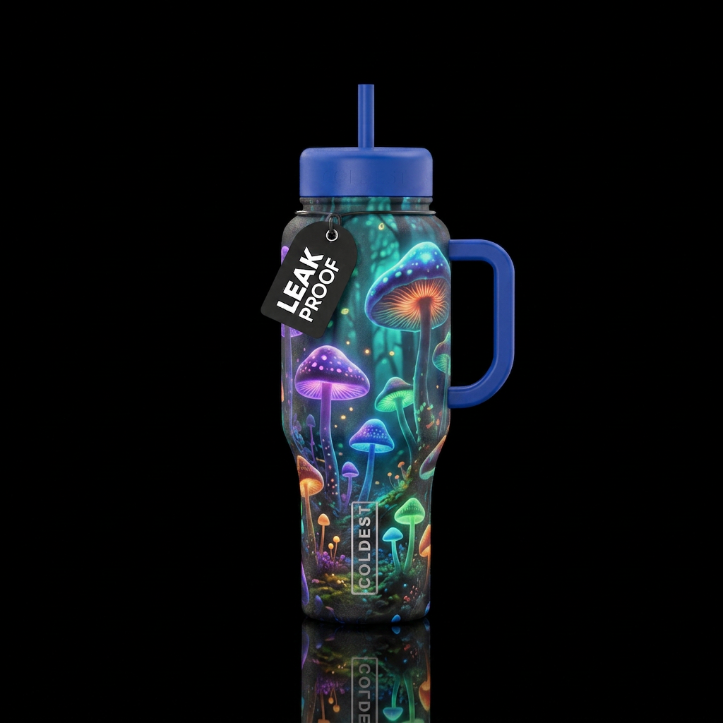 mushroom forest, beautiul, glowie water bottle design