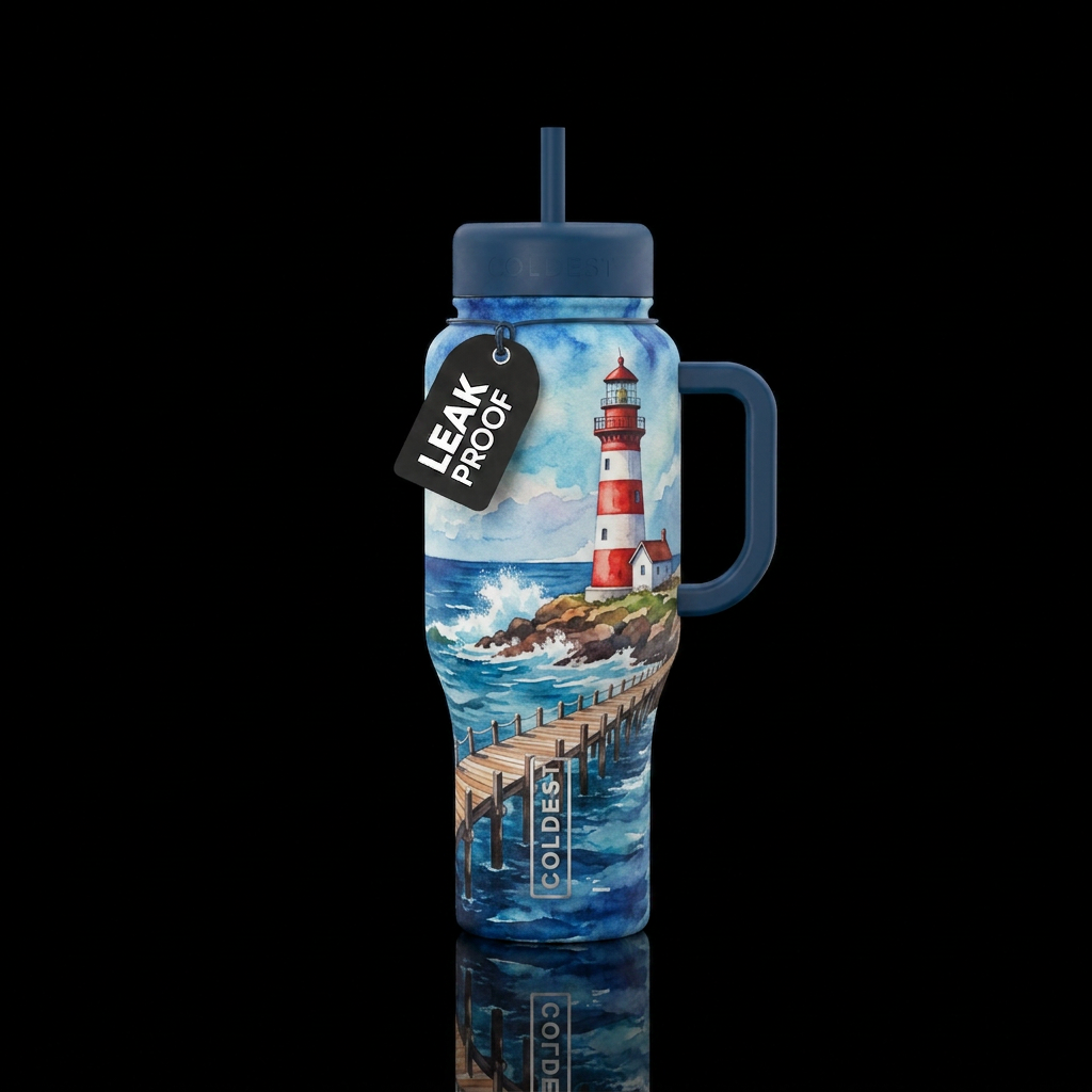 lighthouse, ocean, pier, water color water bottle design