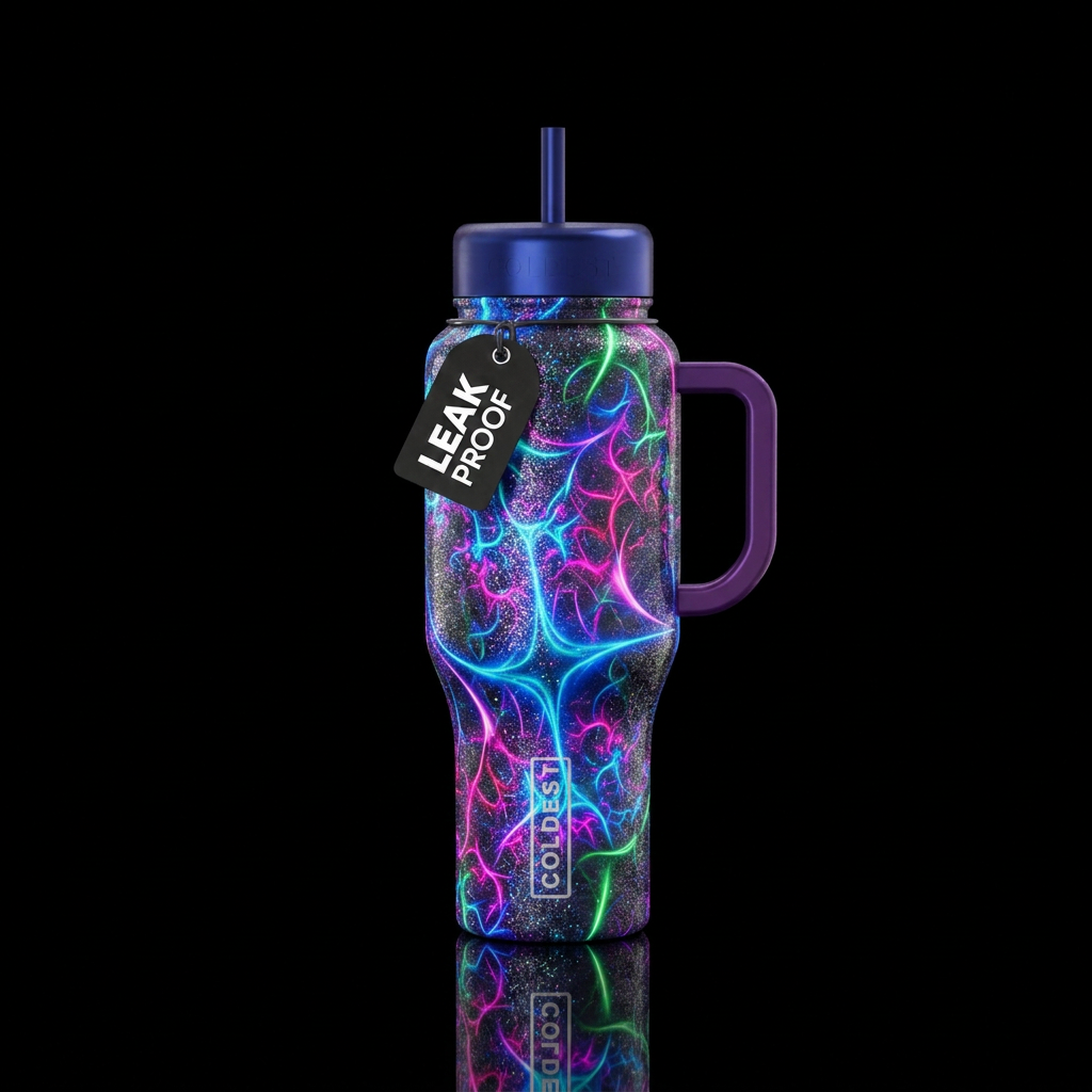 fractals, glowie, sparkly water bottle design