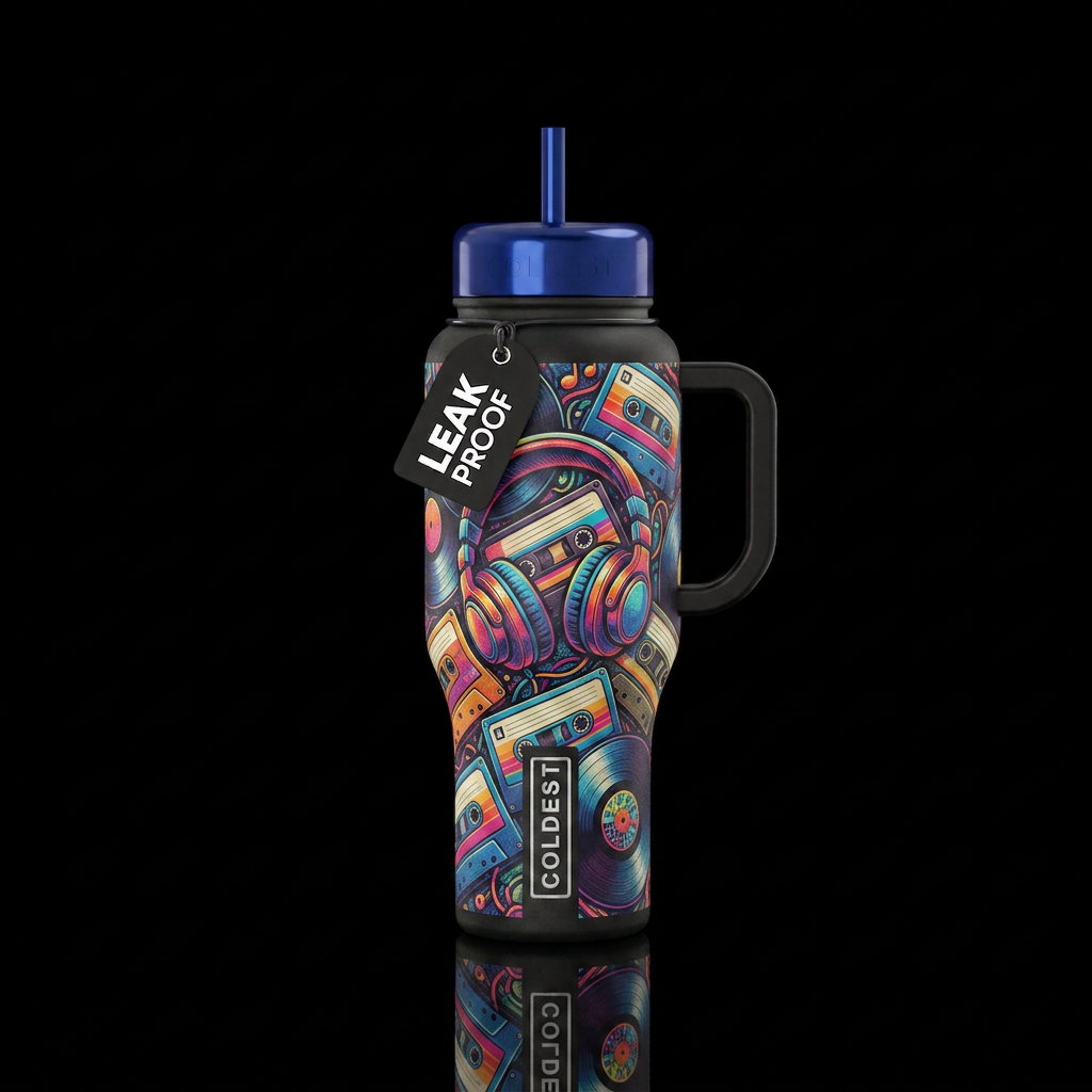 headphones, tape cassette, records water bottle design