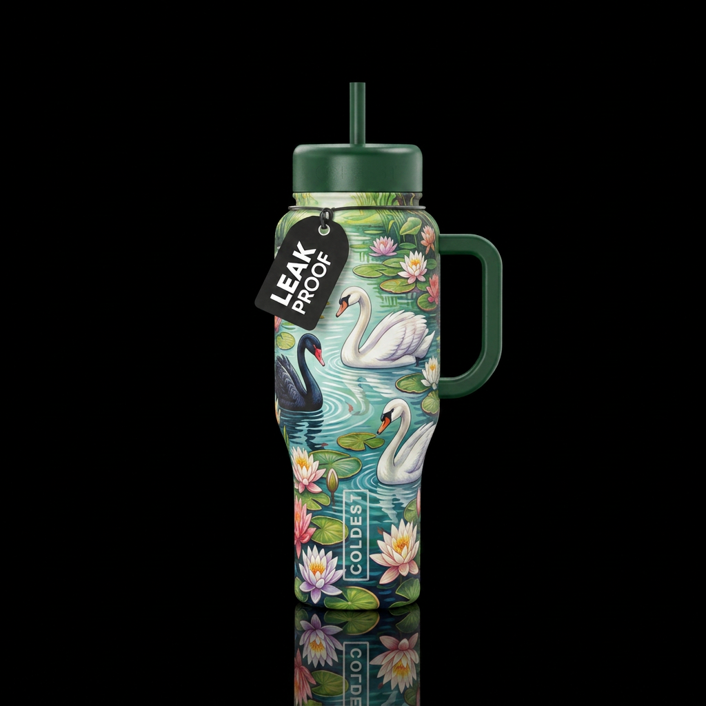 swan, beautiul, luxurious, pond. lilly pads water bottle design