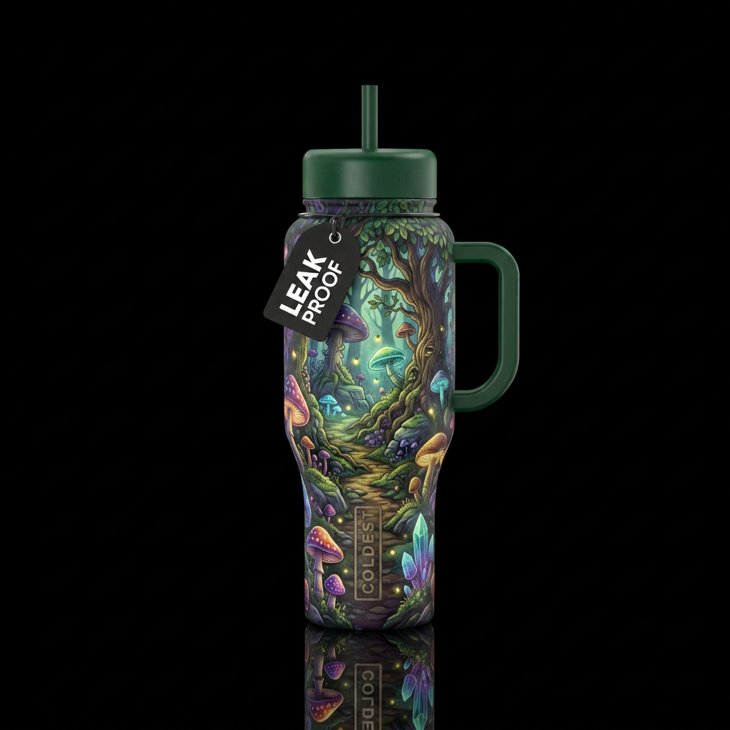 mushroom forest, fantasy water bottle design