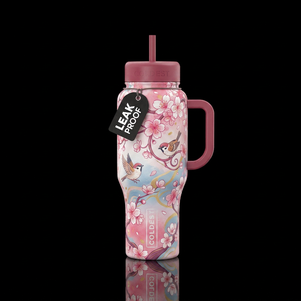 cherry blossom season, whimsical water bottle design