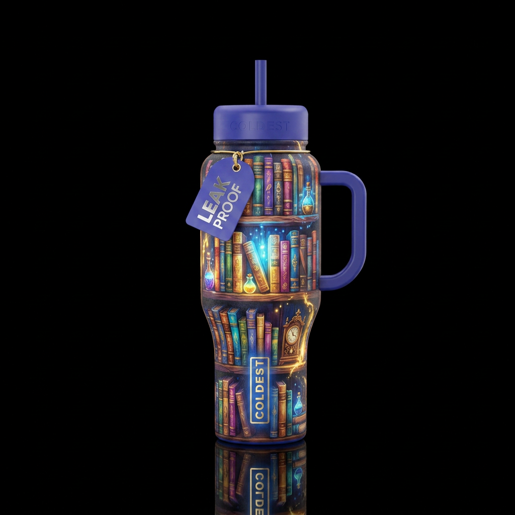 bookshelf, books, magical, beautiful, vibrant water bottle design