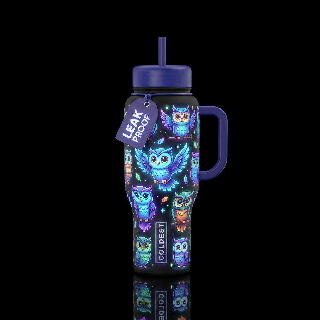 owls, glowie, cartoon water bottle design