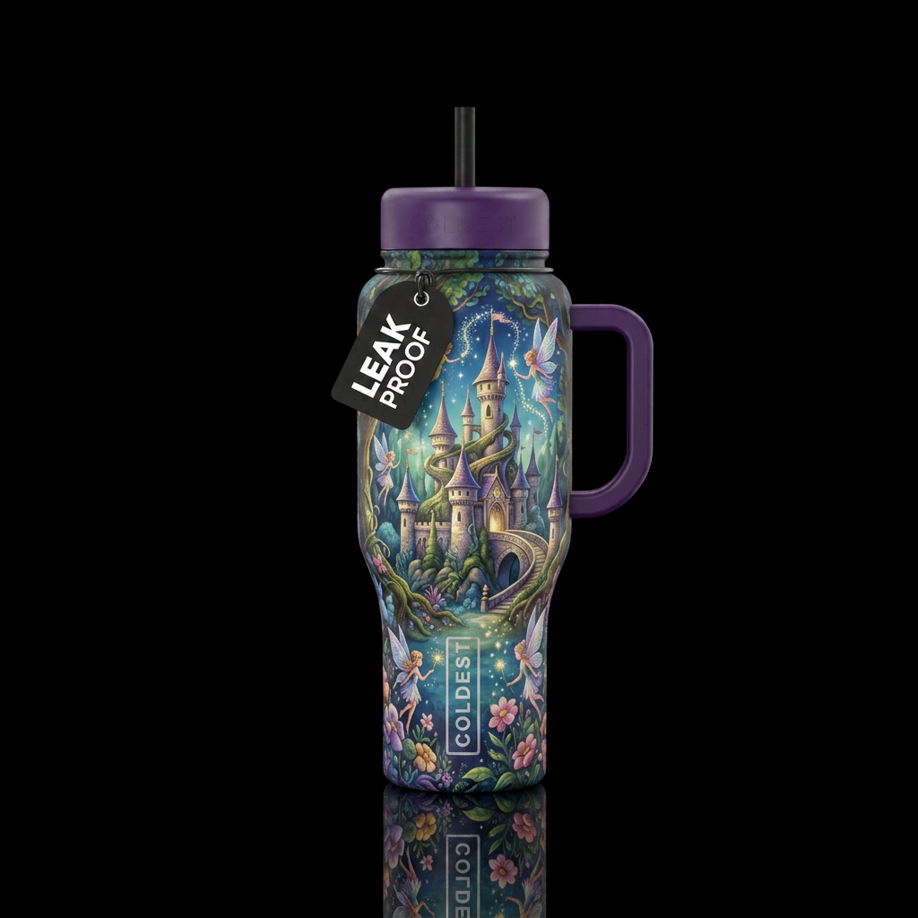 fantasy, whimsical, castle, fairies water bottle design