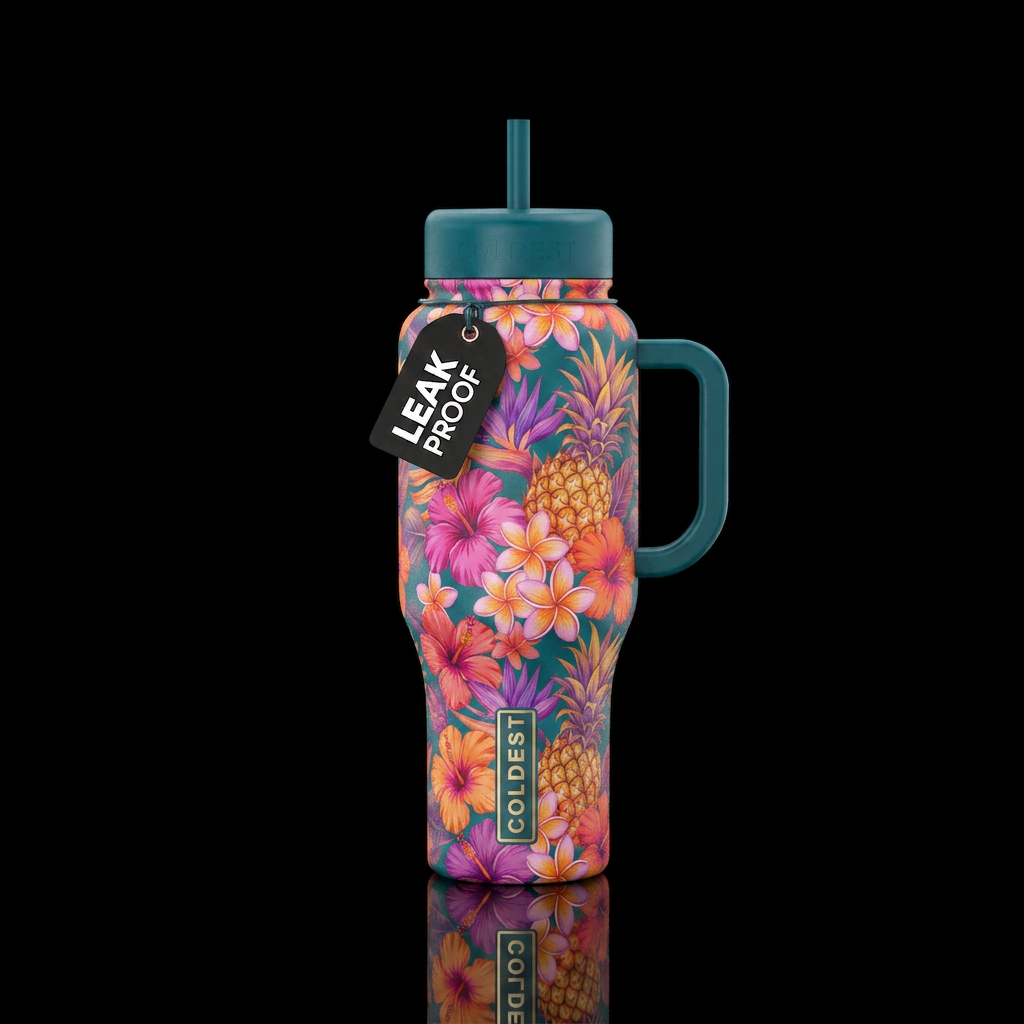 tropical flowers, beautiul, pineapple water bottle design